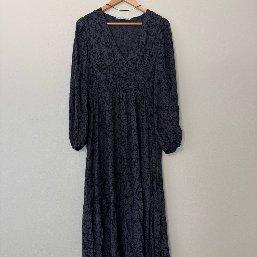 ZARA Purple Gray Floral Midi Dress | Smocked Waist | Long Sleeve | Size S